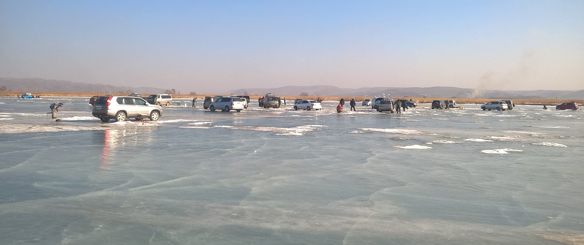 Машины с рыбаками на льду в Артеме